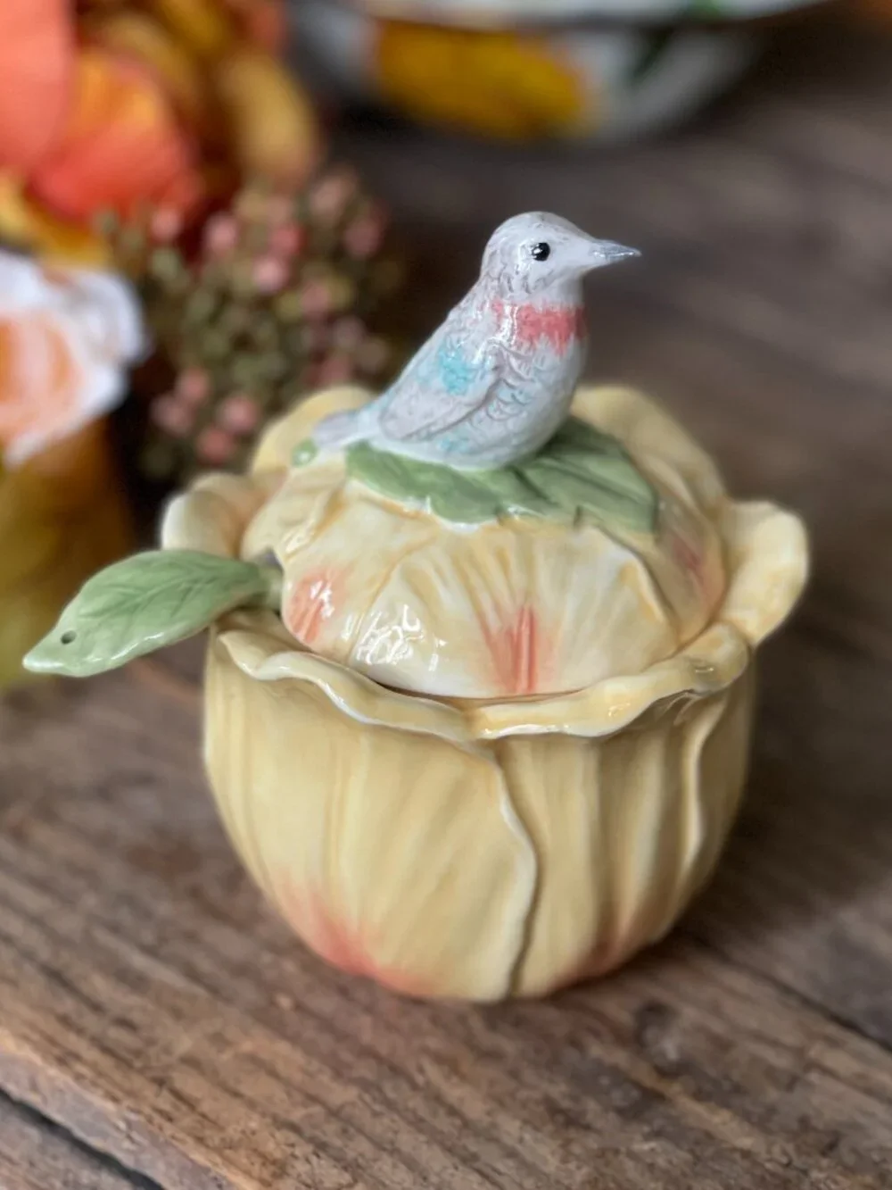 Fitz & Floyd Meadow Floral Bird Condiment Jar Sugar Bowl & Spoon-NEW